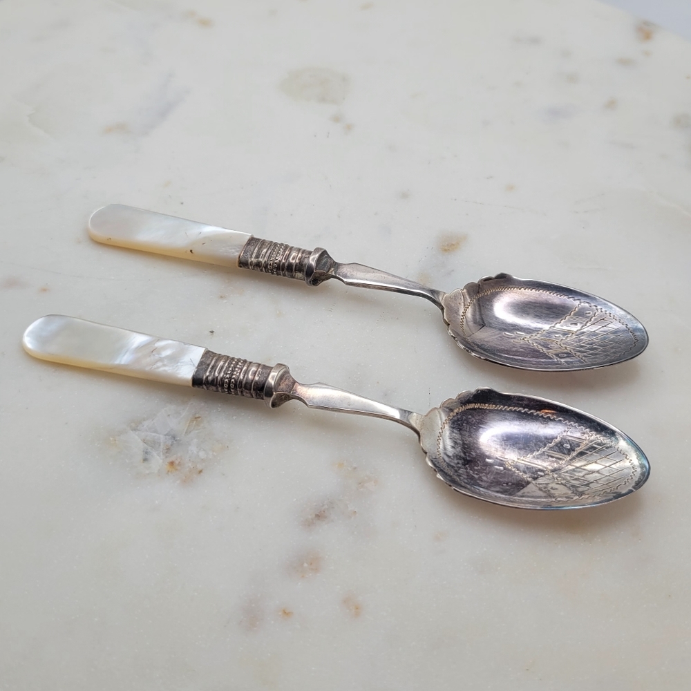 Antique Silver Plated Jam Spoons with Mother of Pear Handles Pair
